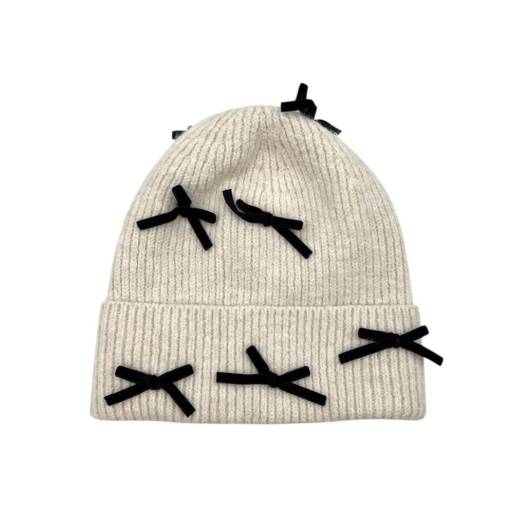 Anthropologie Rib Knit Ivory Beanie Hat New Bow Embellishments